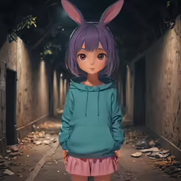 anime girl wearing hoodie standing in dark tunnel with rabbit ears