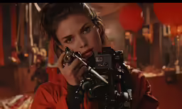 a woman taking pictures while wearing a camera