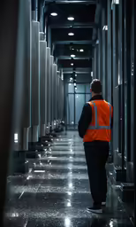 a man wearing an orange vest walking down a long hallway
