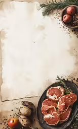 food and various ingredients surrounding a paper with place for writing