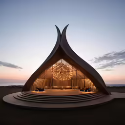 a church with a circular structure with lights above it