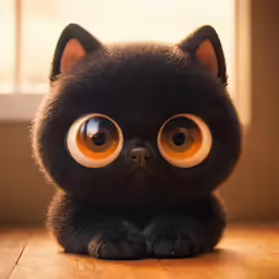 a cute looking black kitten with a weird eye