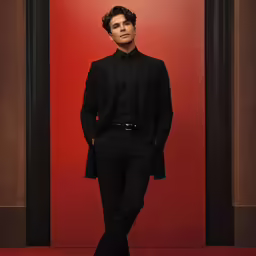 a man in a black suit standing next to a red wall