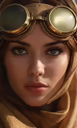 the woman in the scarf is wearing large goggles
