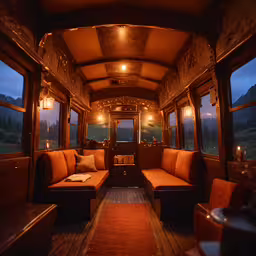 a train car with seating and a few windows,an empty train car has two seats and couches