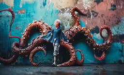 a doll figurine stands in front of an octopus