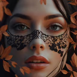 a woman with makeup on her face and leaves surrounding her