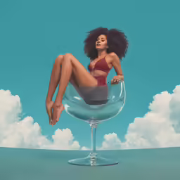 a woman in bikini top sitting on a wine glass with clouds