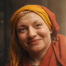 the woman is smiling with orange headwear