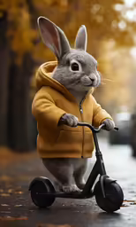 a grey bunny in a yellow jacket is on a tricycle