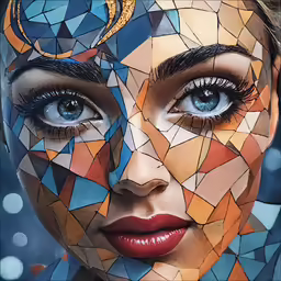 a woman with blue eyes and mosaic - face makeup