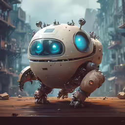 an adorable robot is standing on a wooden floor