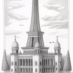a pencil drawing of a tall building that has a tower