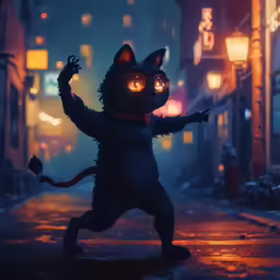 a cute cat poses in the street with the lights on