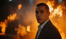a man in a suit looking ahead as he stands in a room with bright lights