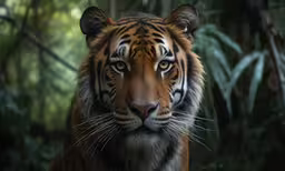 a tiger in a forest staring ahead