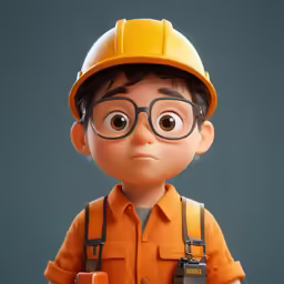 an orange - haired boy wearing glasses, a yellow hard hat and safety equipment
