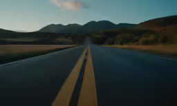 a long road stretches across a field with mountains in the background