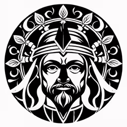 the face of jesus in a circular motif on a white background
