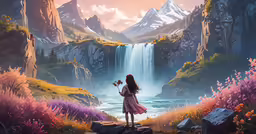 the girl is standing at the edge of the mountains