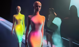 three models in 3d outfits walking on a catwalk