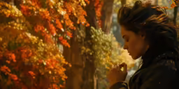 a girl standing in front of autumn trees blowing in the wind
