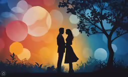 a couple holding hands standing next to a tree with colorful lights