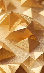 an array of golden triangle shapes on a glittered surface