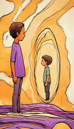 a boy is looking at himself in the mirror