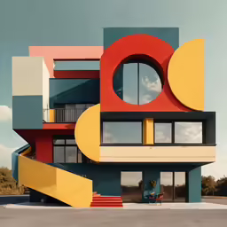a colorful modern architecture has circular windows and a large door