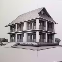 a white rendering of a two story house with balconies,a drawing of a house on paper, with trees around it