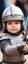 a little boy in a knights uniform with a sword