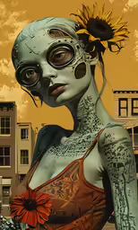 a woman with tattoos holding a motorcycle and wearing a mask