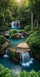 this river features a waterfall, a rock pool and blue water