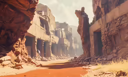 an empty road in an abandoned world with some buildings