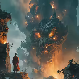 the man stands in front of an enormous fire that has been consumed by monster men