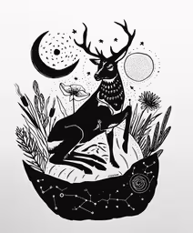 an animal with antlers and stars in it,a drawing of a deer jumping in the air