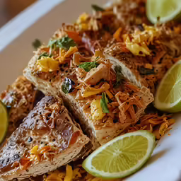 a close up view of a meal of rice cakes