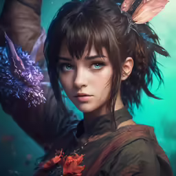 a young girl in a brown blouse is holding purple flowers