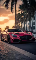 the very nice car is sitting by the palm trees