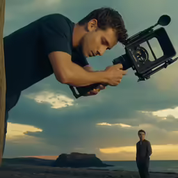 a man standing on the beach while using a video camera