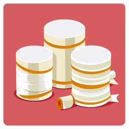 there are three stacks of stacked white cups,there is an orange line down in the stacks of stacks,the stack of stacked white cups has been removed,a couple of containers sitting on top of a pink table,two stacks and one roll of tape sitting next to each other on a pink surface