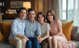 a man, two women, a boy, and a girl are sitting together on a couch