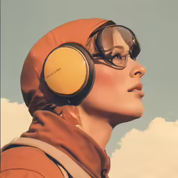 a woman with earphones on her head and clouds in the background