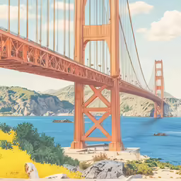 a painting of a large bridge crossing over a body of water