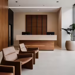 the lobby of the hotel has been decorated in brown tones