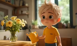 a boy with blond hair and blue shorts holding some flowers