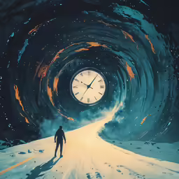 a man walking down a road while looking at a clock