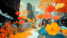 digital image of an alley way with flower decorations