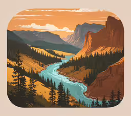 the mountain scene is shown in this image,a painting of a river in the mountains
